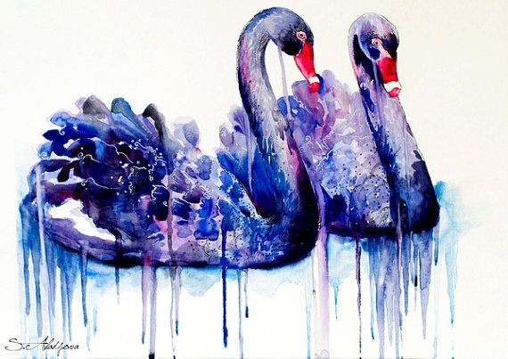 Dark blue-and-black watercolor swan couple tattoo design