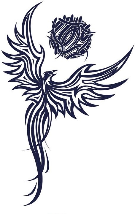 Dark blue-ink rising phoenix and a huge sun ball tattoo design