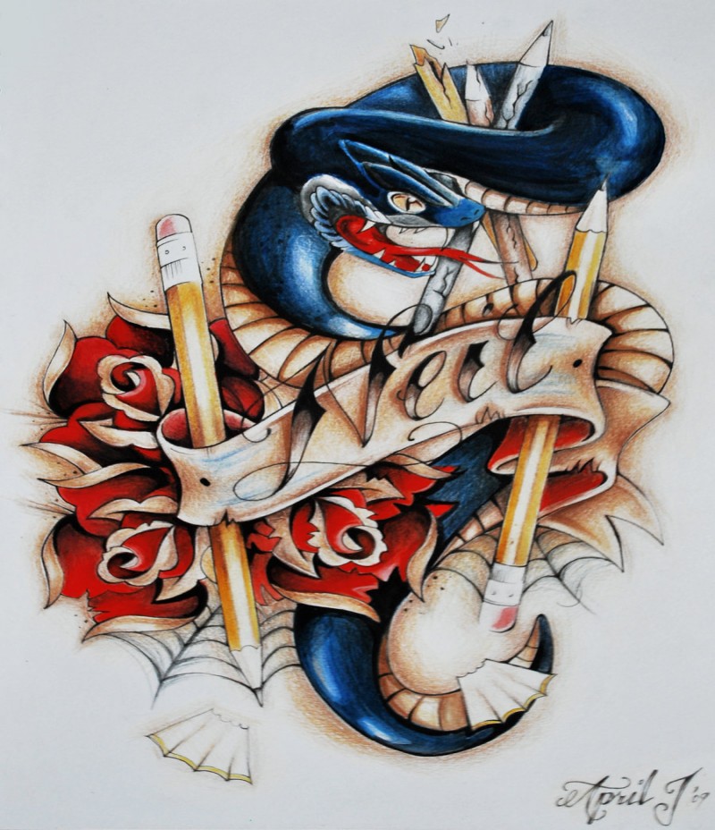 Dark blue snake keeping pencils with roses and banner tattoo design by Aprelll