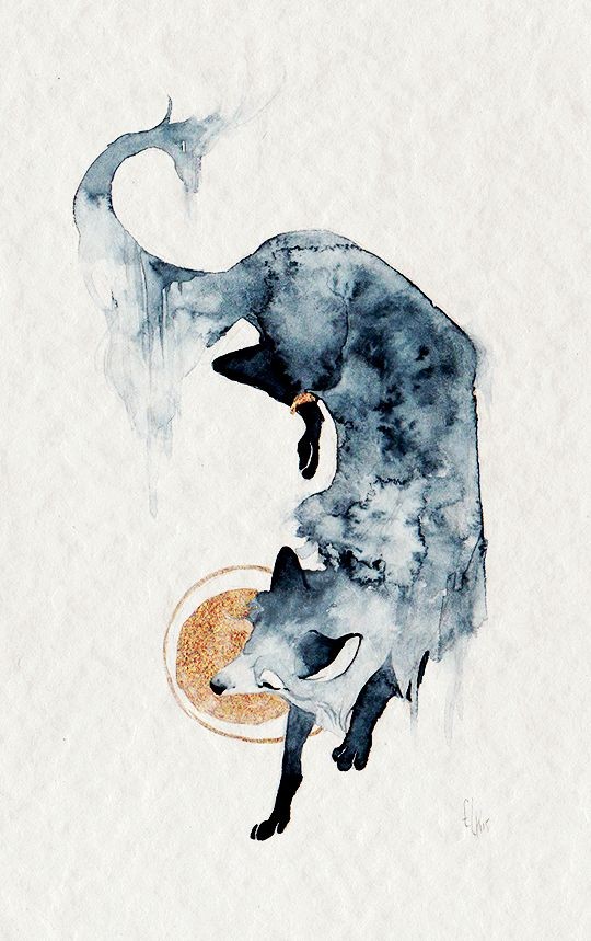 Dark blue watercolor fox tattoo design