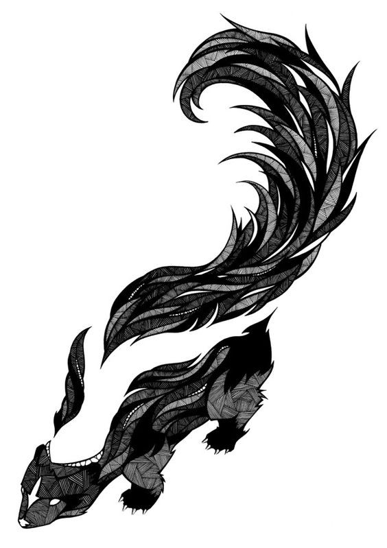 Dark geometric-patterned animal with fluffy tail tattoo design