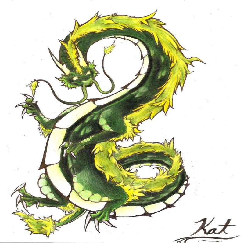 Dark green dragon with yellow mane tattoo design by Kaiya Ashigawa