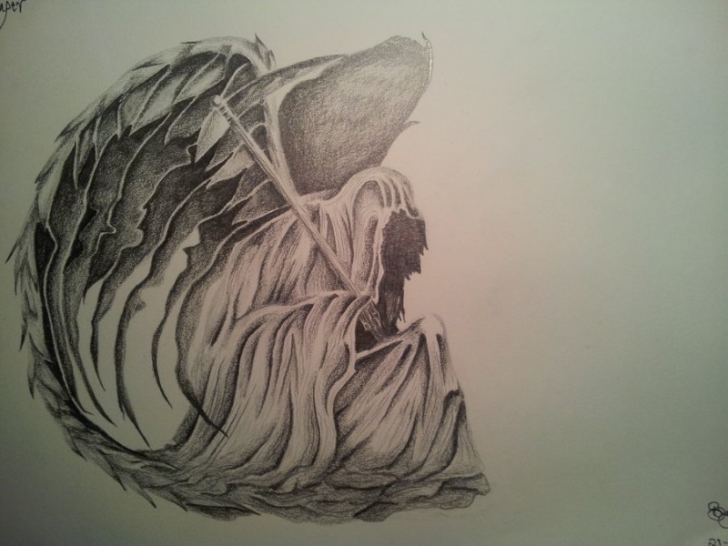 Dark pencil drawing death with luxury wings tattoo design by Cassandra Wilsonenvyd