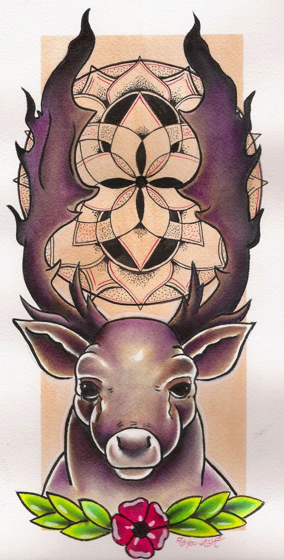 Dark purple deer with flower and mandala nimbus tattoo design
