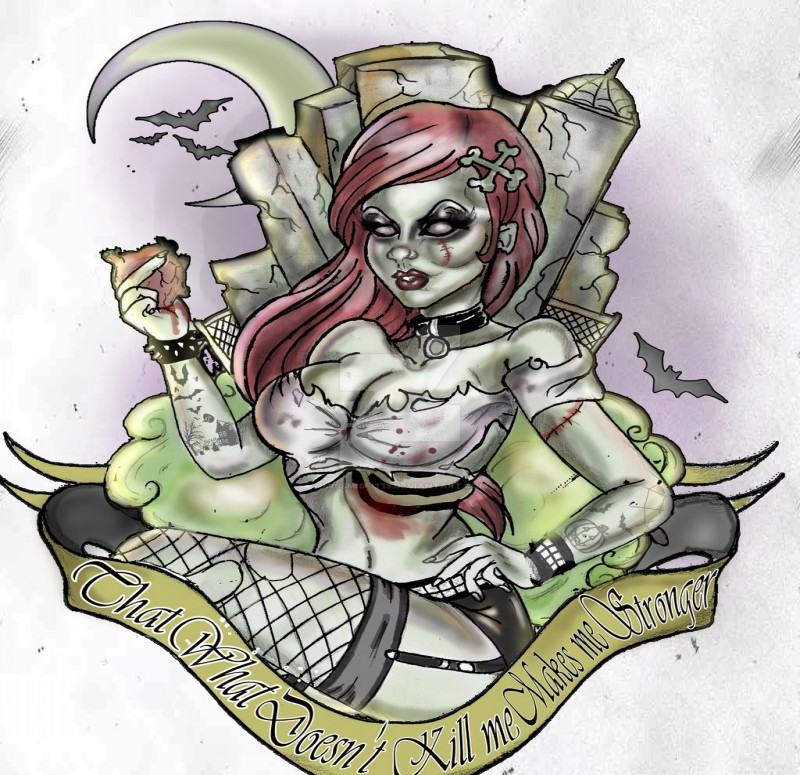 Dark rock zombie girl in stockings with a banner tattoo design by Missmisfit13