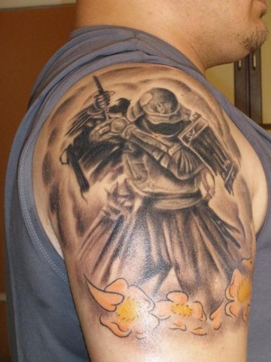 Dark samurai with yellow flowers tattoo on shoulder