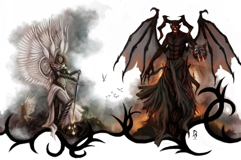 Demônio assustador escuro e anjo guerreiro tatuagem design