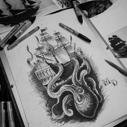 Dark strong octopus keeping a huge ship under water tattoo design