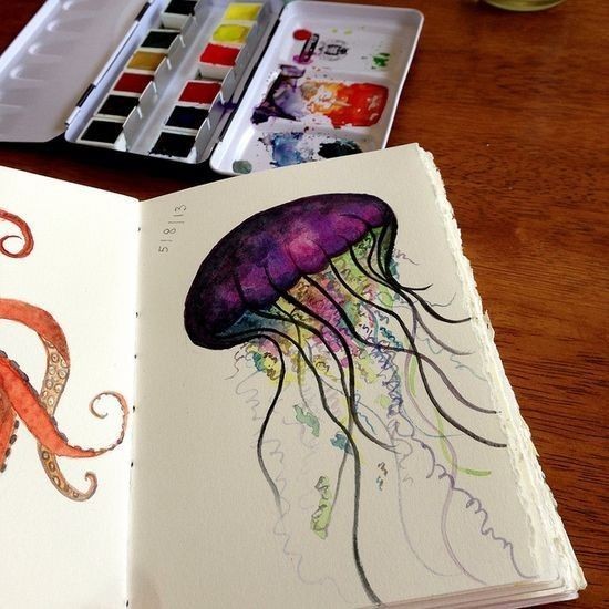 Dark violet-headed jellyfish with different-colored tentacles tattoo design