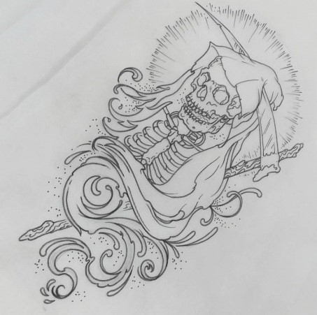 Esqueleto de morte em um manto com uma foice no design de tatuagem de fundo brilhante
