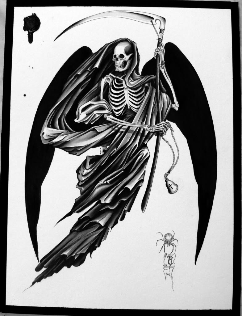 Death skeleton with whole black wings tattoo design