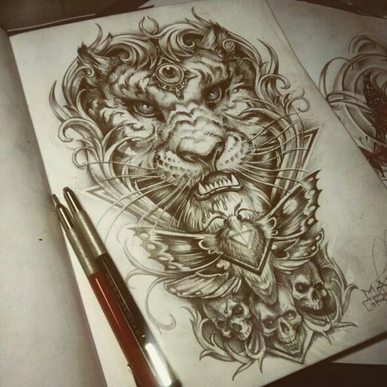 Decorated grey-pencil tiger head with moth and skulls tattoo design