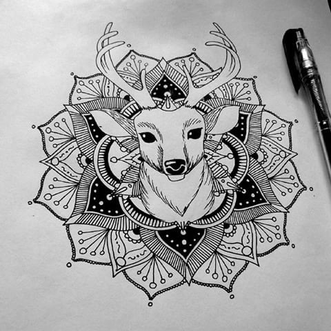 Deer portrait inside the mandala flower tattoo design