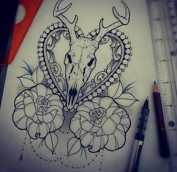 Deer skull in heart frame with roses tattoo design