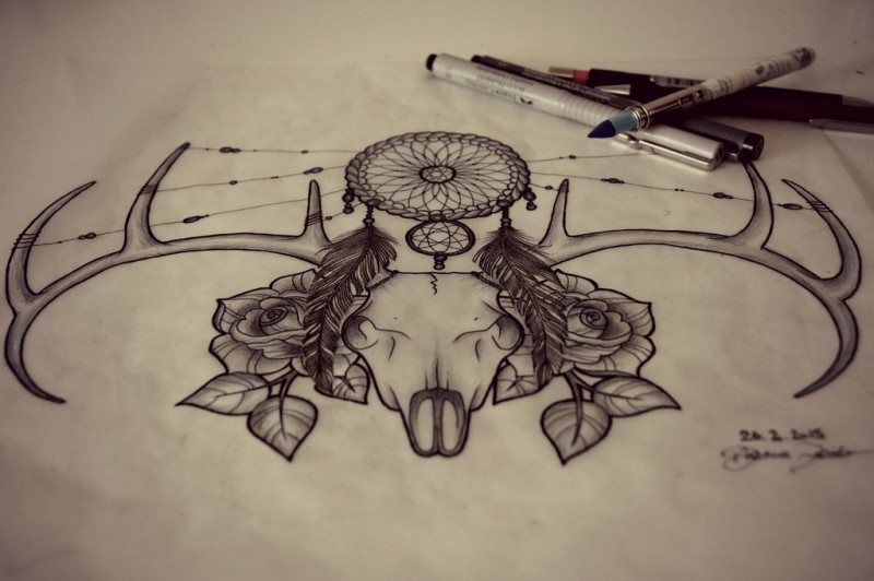 Deer skull with dream catcher and flowers tattoo design by Shelly For Sun