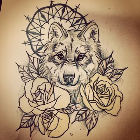 Delightful wolf and yellow roses tattoo design