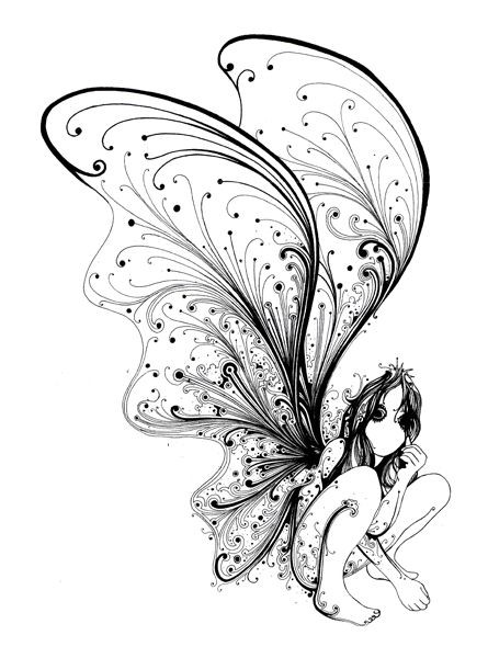 Depressed black-ink fairy with large curly-patterned wings tattoo design