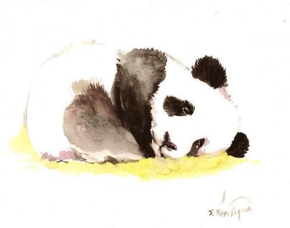 Depressed watercolor panda lying on yellow grass tattoo design