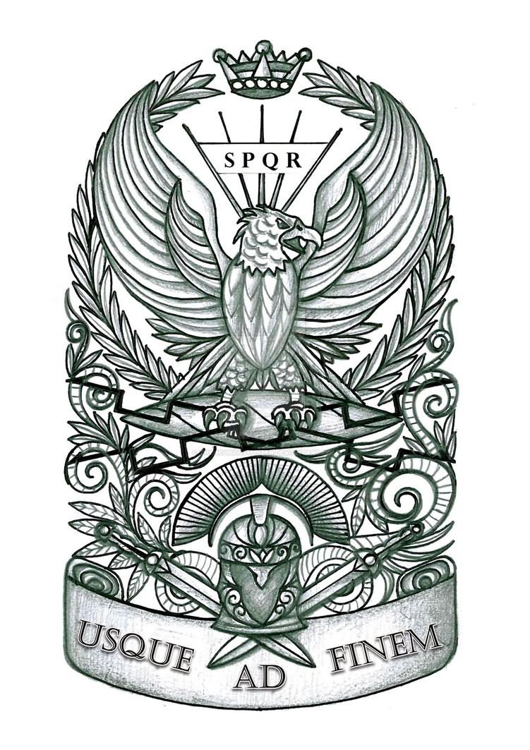 Detailed roman eagle with quoted ribbon tattoo design by The Hound of Ulster