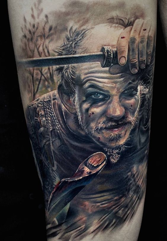 Detailed tattoo of viking portrait by  Marispavlo