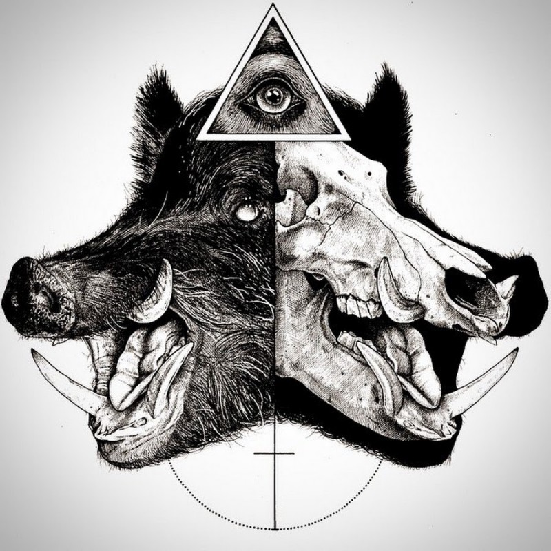 Devilish black-and-white half-skull half pig head with illuminati sign tattoo design