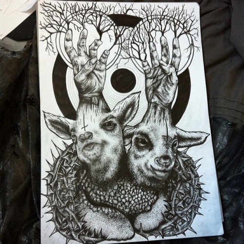 Devilish detailed grey-ink sheeps with human hands and thorned wreathes tattoo design