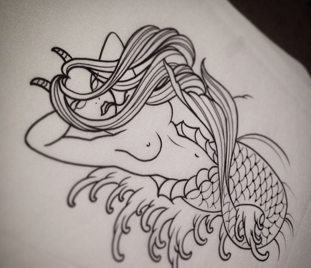 Devilish horned mad-eyed mermaid without coloring tattoo design