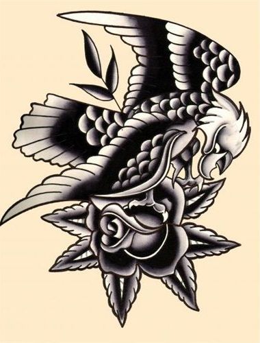 Devilish old school eagle and rose bud tattoo design