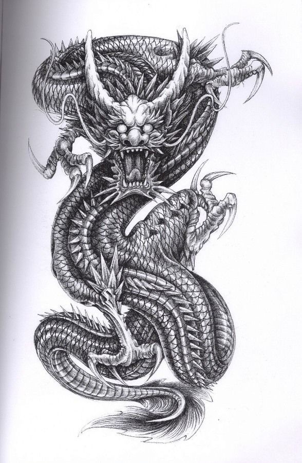 Devilish oriental dragon with mad eyes in grey color tattoo design