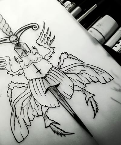 Devilish outline bug killed with long sword tattoo design
