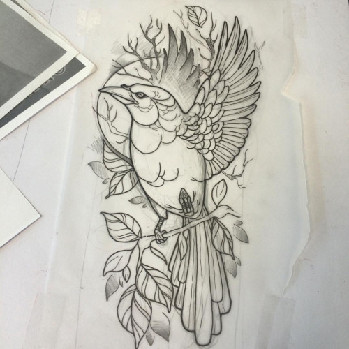 Devilish raven sitting on branch on moon background tattoo design