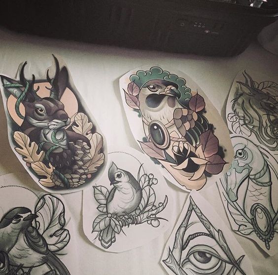 Different colorful and outline new school animal tattoo designs