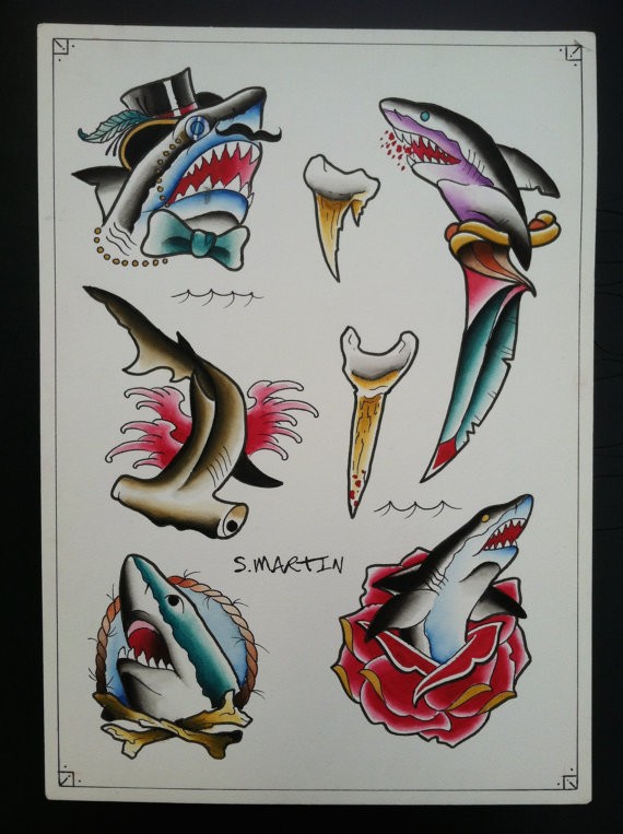 Different colorful old school shark tattoo designs