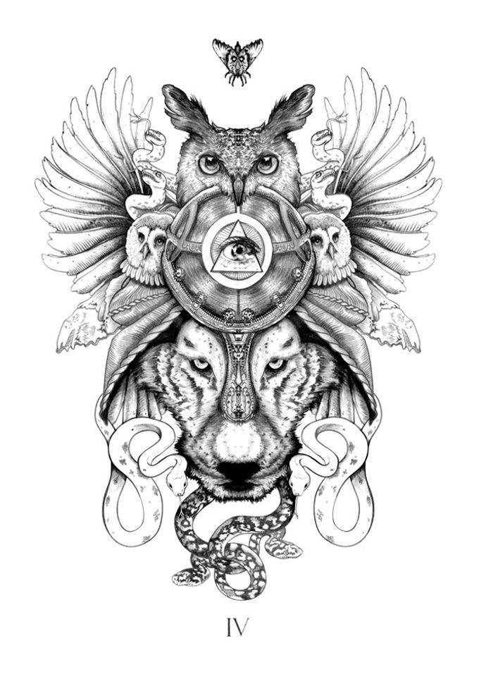 Different grey-ink animal collage tattoo design