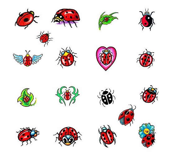 Different tiny ladybugs with multicolor backgrounds tattoo design