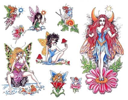 Different traditional colorful fairy tattoo designs