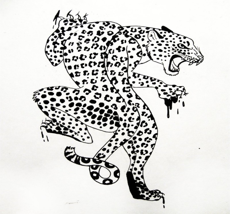 Dire black-and-white crawling leopard tattoo design