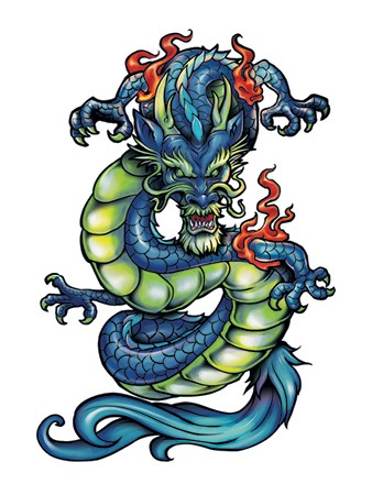 Dire blue dragon with green belly and red fire around wanting to kill tattoo design