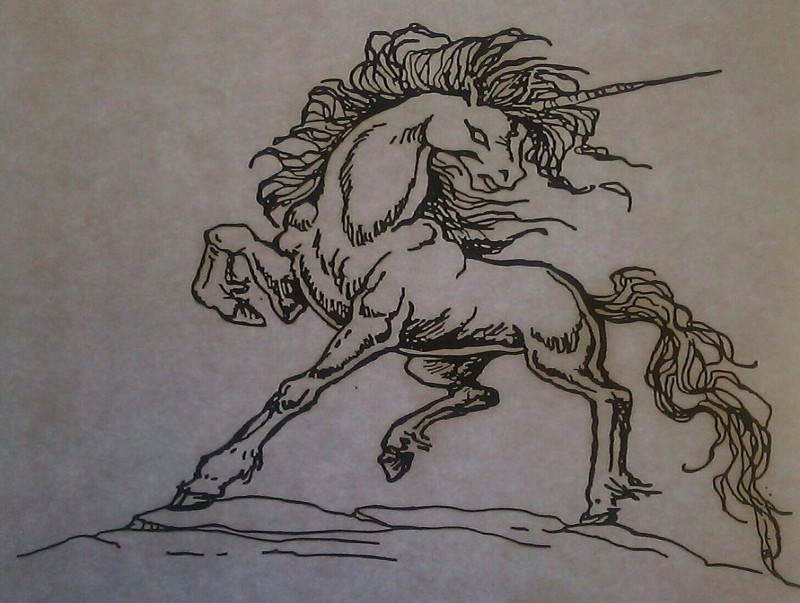 Dire colorless unicorn standing on rock tattoo design by Sonichakeem