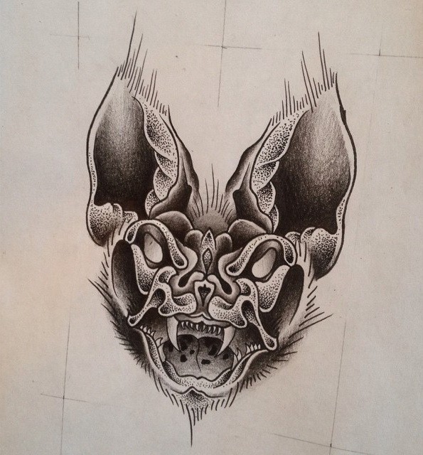 Dire grey-ink crying bat face tattoo design