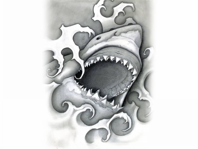 Dire grey-ink shark head in water waves tattoo design