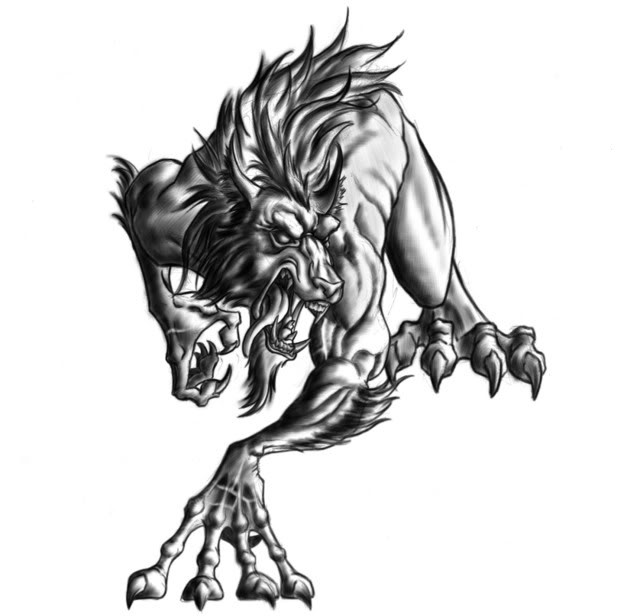 Dire grey crawling werewolf with charp clutchers tattoo design