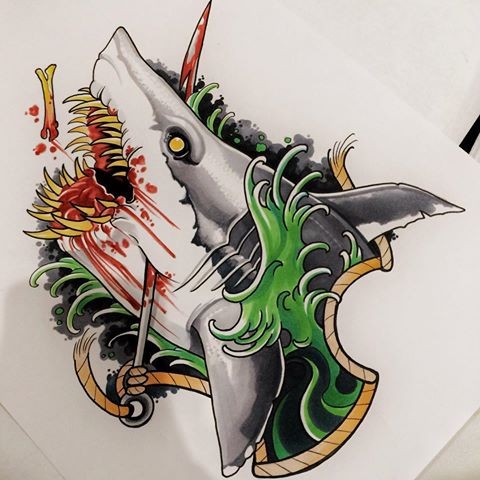 Dire new school shark with bloody mouth tattoo design