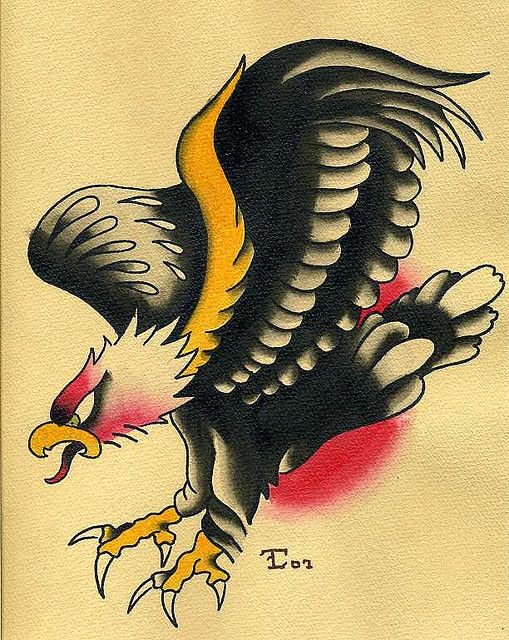 Dire old school eagle on red spot background tattoo design
