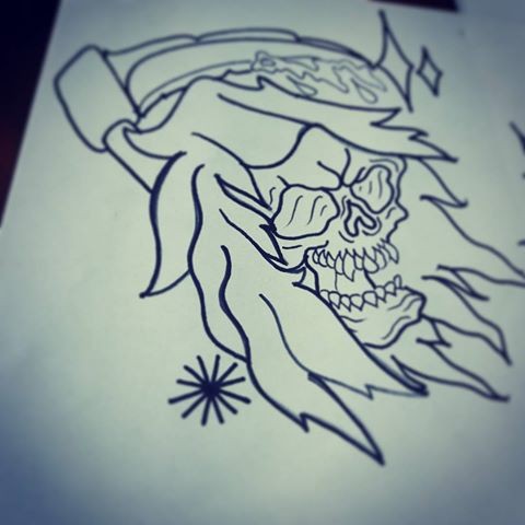 Dire outline death head in a hood with a scythe tattoo design