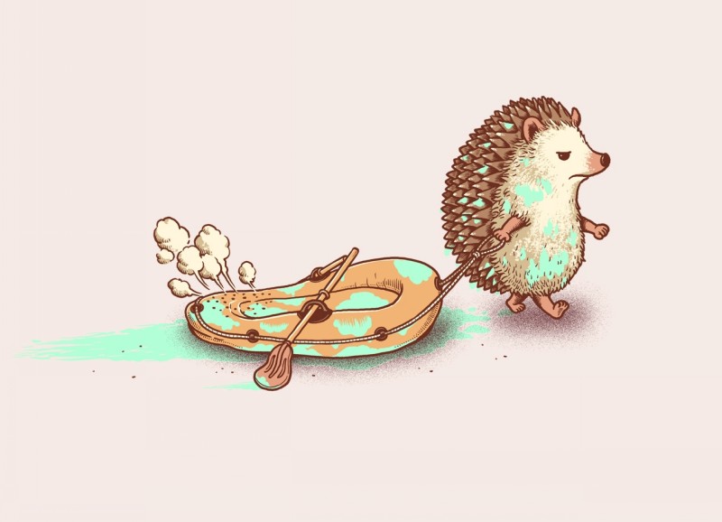 Disgruntled hedgehog pulling pinked inflatable tattoo design