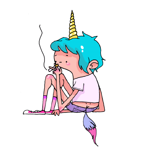 Disobedient colorful sitting unicorn boy smoking a sigarette tattoo design