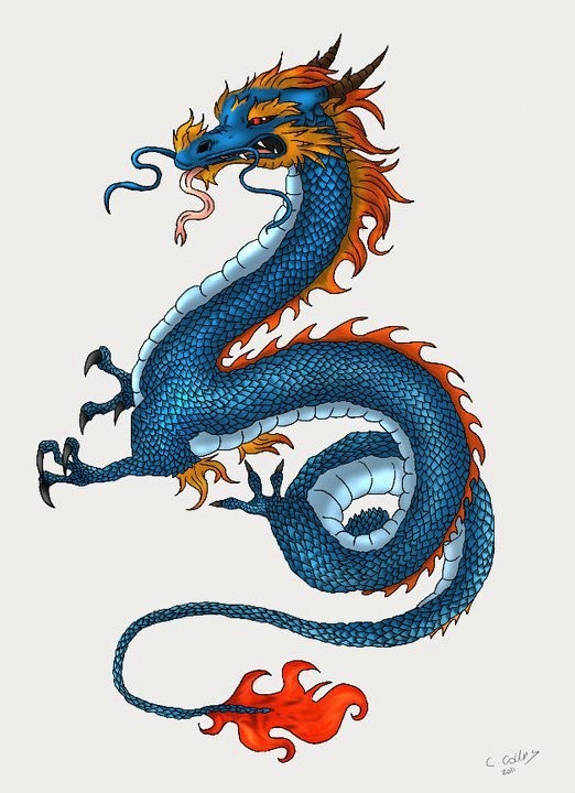 Dissatistied blue scaled dragon with fire mane tattoo design
