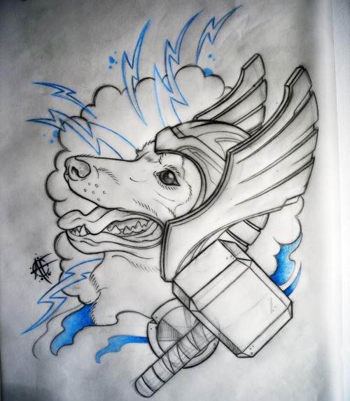 Dog warrior in winged helmet with hummer tattoo design