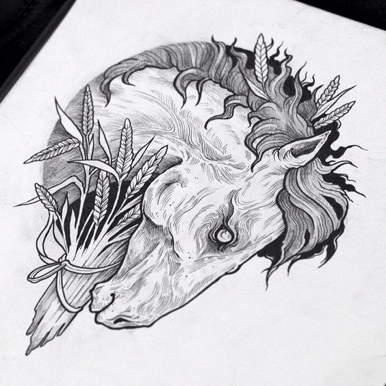 Doomed horse head and wheat bunch tattoo design
